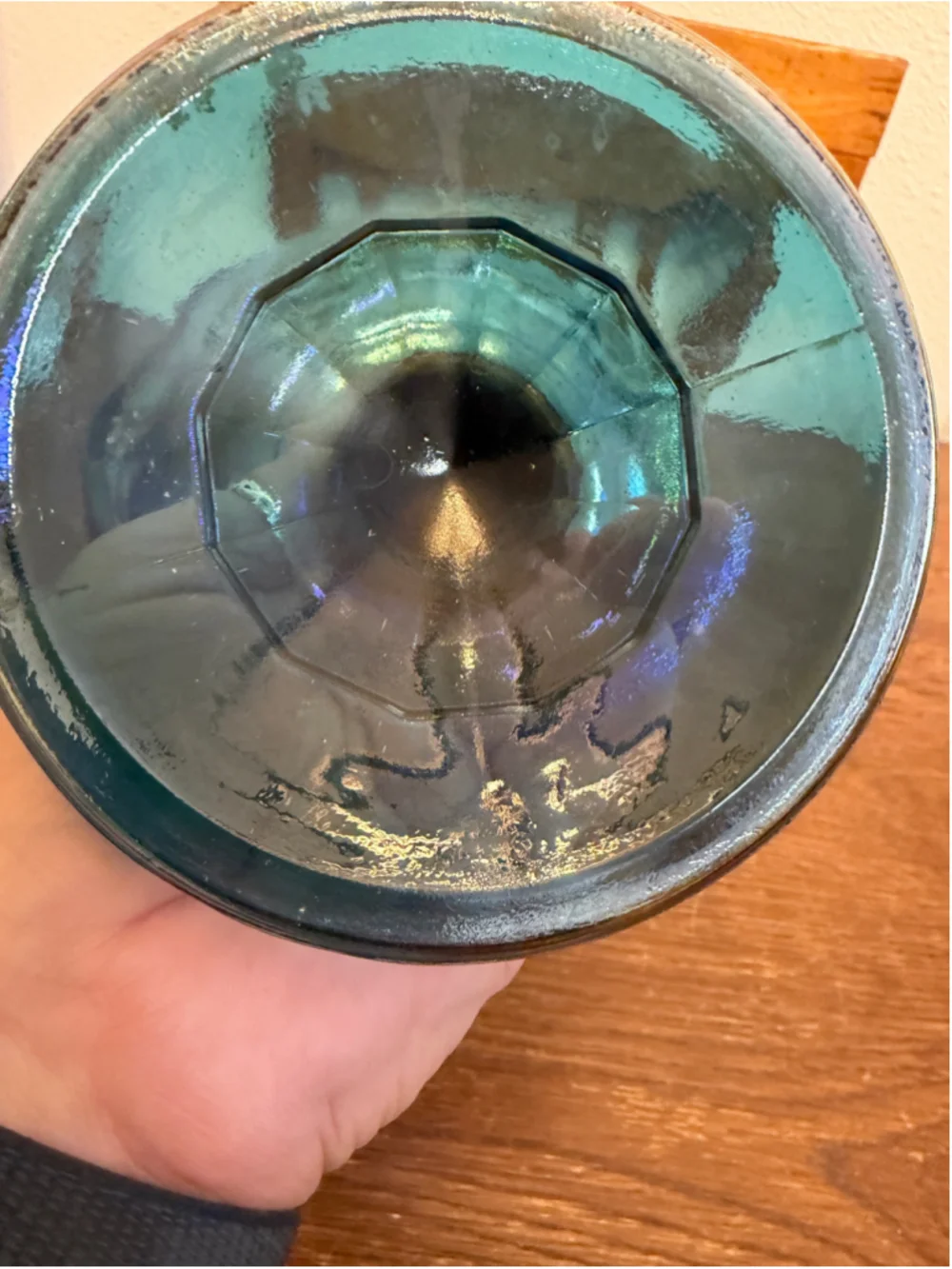 Vintage Blue Carnival Glass Pedestal Compote Bowl Iridescent Scalloped -CH
